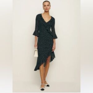 NWT Reformation Roseanna Dress Black White Polka Dot Ruffle Asymmetric Hem Sz 0